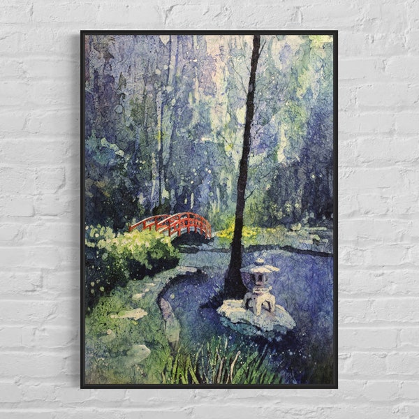 Duke Gardens watercolor painting- fine art batik watercolor on rice paper.  Duke Gardens artwork Japanese bridge Duke University art (print)