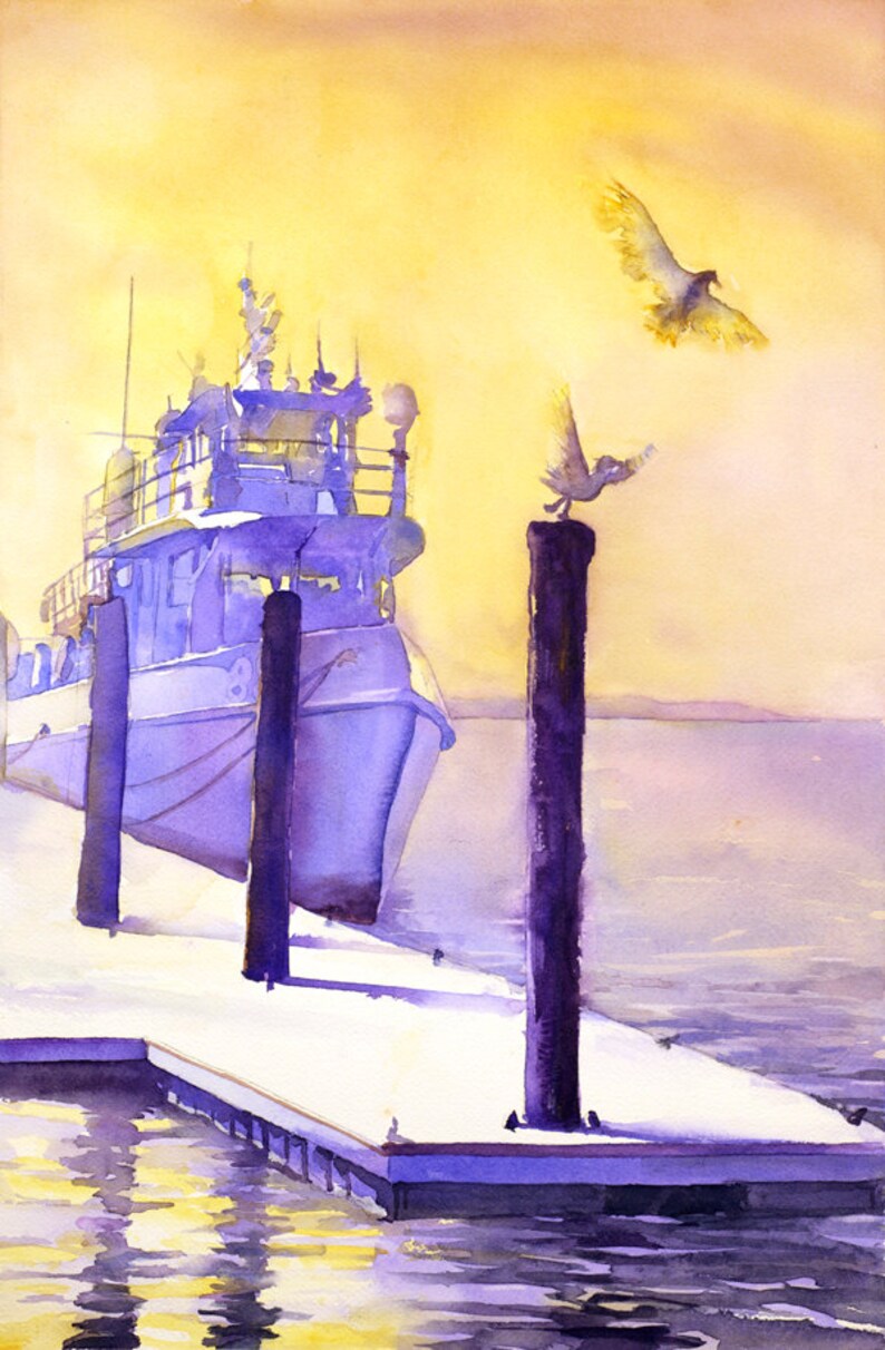 Tugboat & Birds at Morehead City North Carolina. Boat Artwork Etsy