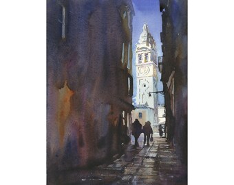 May include: A watercolor painting of a narrow street in a European city. The street is lined with tall buildings, and a clock tower is visible in the distance. The street is empty except for a few people walking in the distance.