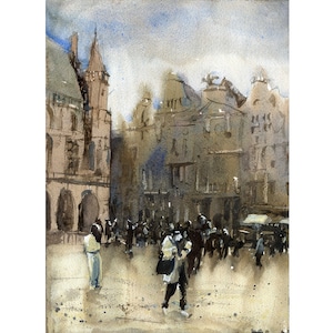 Grand Place Brussels fine art watercolor painting, handmade home decor art for house colorful wall artwork gift for her giclee (print)