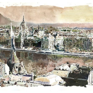Budapest Hungary Skyline Watercolor Print, Hungarian Parliament Wall Art, Travel Decor, Landscape Painting, Hungary Cityscape Home Accent