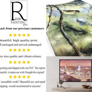 May include: Customer feedback for a painting company called Fox Painting AWS. The feedback is positive, with five-star ratings and comments praising the quality of the prints, packaging, and shipping. The comments also mention the vibrant colors and the overall beauty of the artwork.