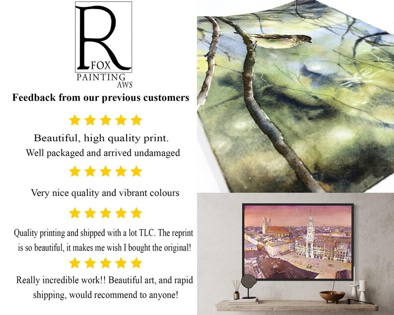 May include: Customer feedback for a painting company called Fox Painting AWS. The feedback is positive, with five-star ratings and comments praising the quality of the prints, packaging, and shipping. The comments also mention the vibrant colors and the overall beauty of the artwork.