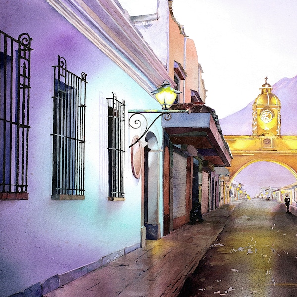 Arch of Santa Catalina in city of Antigua- Guatemala wall art Antigua watercolor fine art print landscape painting Guatemala art (print)