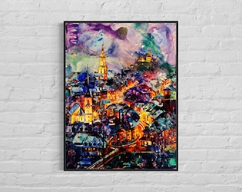 Bern Switzerland watercolor painting sunset- fine art cityscape Bern at sunset home decor Bern, Switzerland art, home decor giclee (print)