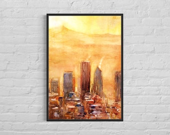 Colorful painting Portland Oregon skyline landscape painting, handmade item trendy wall art travel essentials decor sunset giclee (print)