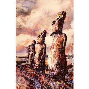 Moai statues on Easter Island- Chile colorful landscape painting South America archaeology interior design handmade item giclee (print)