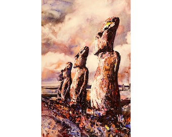 Moai statues on Easter Island- Chile colorful landscape painting South America archaeology interior design handmade item giclee (print)