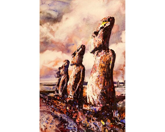 イースター島のモアイ像 - チリ、南米のカラフルな風景画（版画