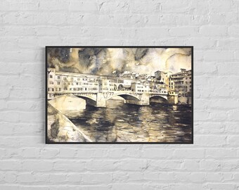 イタリア、フィレンツェのヴェッキオ橋を描いた水彩画（オリジナル作品