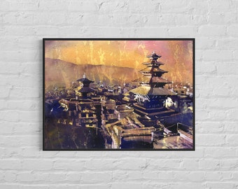 Watercolor painting Nyatapola Temple sunset landscape Bhaktapur Nepal, trendy wall decor Kathmandu Valley colorful artwork temple (print)