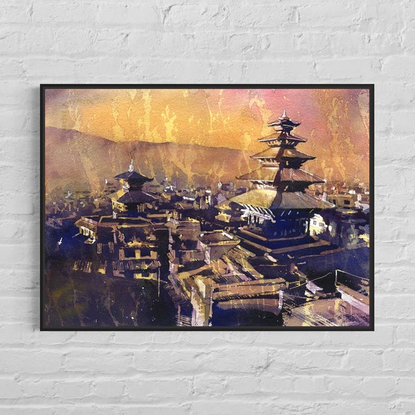 Watercolor painting Nyatapola Temple sunset landscape Bhaktapur Nepal, trendy wall decor Kathmandu Valley colorful artwork temple (print)