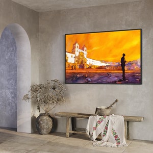 Kleurrijk schilderij Quito Ecuador zonsopgang aquarel, Quito skyline landschap Zuid-Amerika trendy muur kunst handgemaakt item wand decor print afbeelding 3