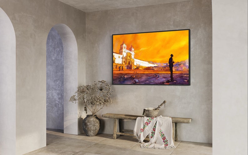 Kleurrijk schilderij Quito Ecuador zonsopgang aquarel, Quito skyline landschap Zuid-Amerika trendy muur kunst handgemaakt item wand decor print afbeelding 3