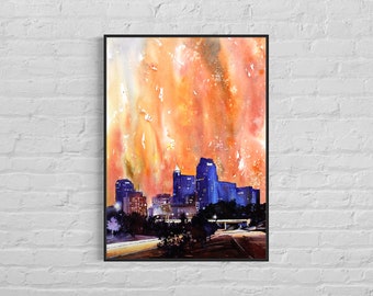 Raleigh NC skyline painting watercolor landscape trendy wall art, handmade item interior design architecture travel essential (original)