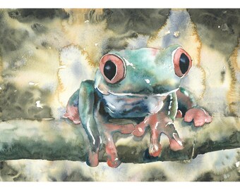 Może przedstawiać: Aquarela przedstawiająca zieloną żabę drzewną z czerwonymi oczami siedzącą na gałęzi. Żaba patrzy na widza i ma jasnozielone ciało z ciemnozielonymi oznaczeniami. Tło jest ciemnozielone i brązowe.