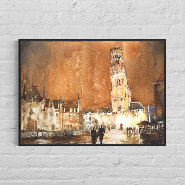Peinture à l'aquarelle Bruges Belgique, art mural de voyage en Europe, décoration d'intérieur faite main, peinture colorée, ville d'art religieux d'horizon de Bruges (impression)