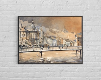 Lucern Switzerland painting fine art, Lucerne watercolor art Switzerland painting landscape watercolor painting Lucerne Switzerland (print)