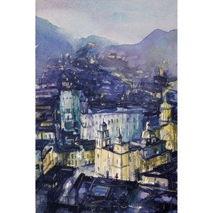 May include: A watercolor painting of a city skyline with multiple buildings and churches. The buildings are painted in shades of blue, purple, and yellow. The sky is a light blue with a hint of purple.