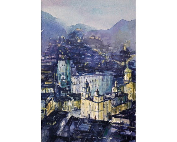 Guanajuato, Mexico watercolor painting, sunset art colorful watercolor print fine Mexican art architecture print cityscape artwork (print)