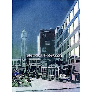 Durham, NC at sunset- watercolor painting of American Tobacco Campus at night. NC fine art print, tobacco mill Durham, home decor art giclee