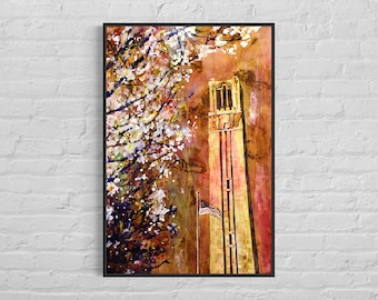 North Carolina State University bell tower Raleigh, NCSU University Raleigh art print NCSU watercolor painting giclee landscape (print)