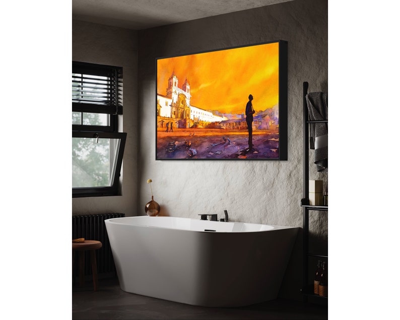 Kleurrijk schilderij Quito Ecuador zonsopgang aquarel, Quito skyline landschap Zuid-Amerika trendy muur kunst handgemaakt item wand decor print afbeelding 5