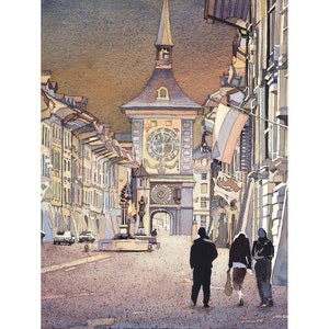 Bern, Switzerland fine art watercolor painting.  Street UNESCO World Heritage city Bern at sunset Europe art Switzerland home decor (print)