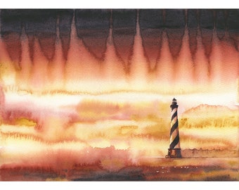 Cape Hatteras Lighthouse Watercolor Painting: Outer Banks Coastal Art