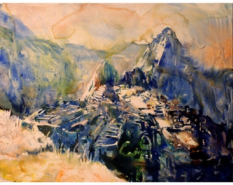 Watercolor painting ruins Machu Picchu Sacred Valley Peru South America, trendy wall art handmade item art for house archaeology (print)