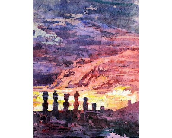 イースター島のモアイ像、考古学、旅行、壁画、水彩画、風景画、夕焼け