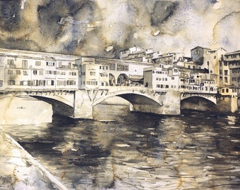 イタリア、フィレンツェのヴェッキオ橋を描いた水彩画（オリジナル作品