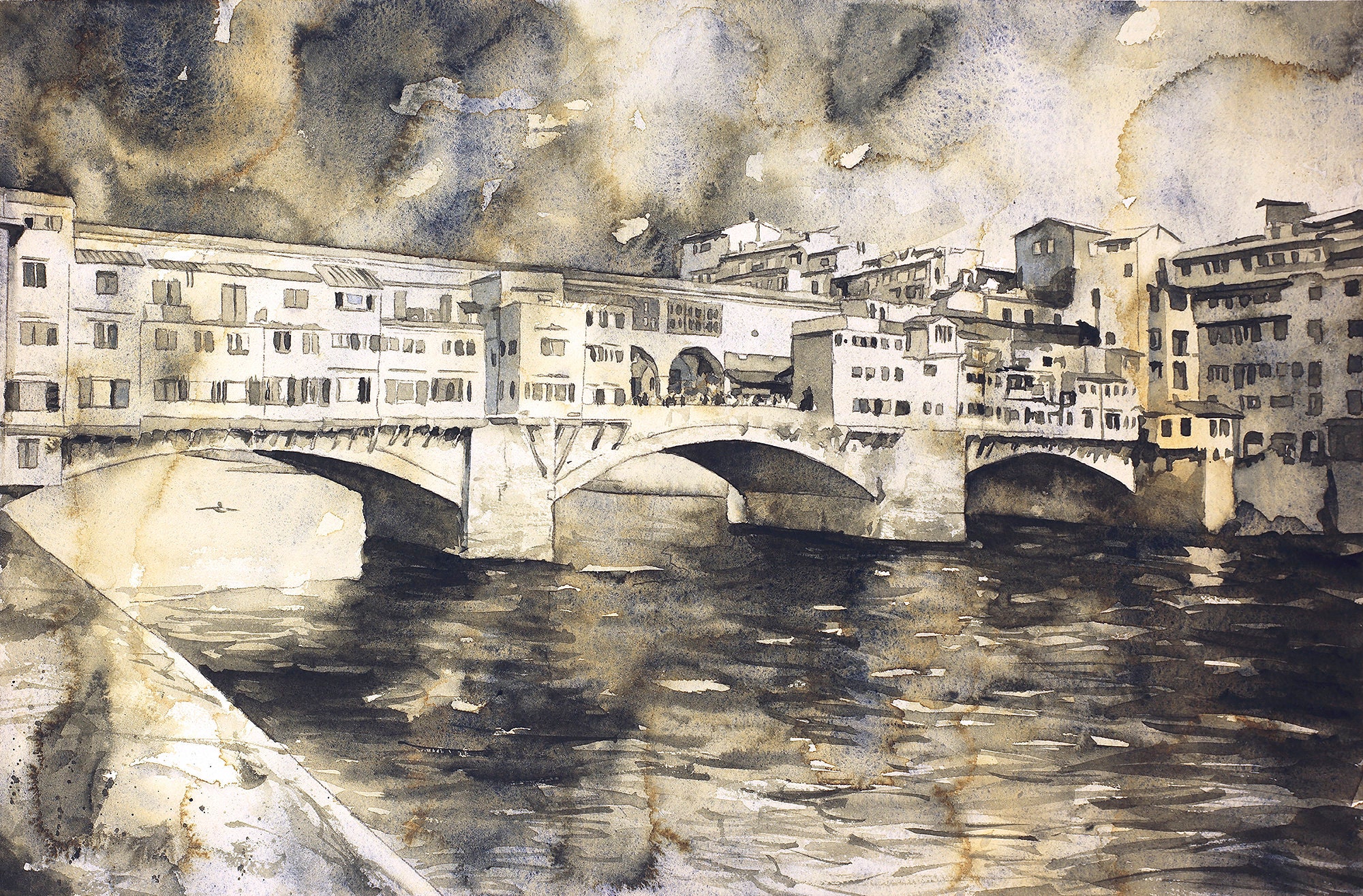 イタリア、フィレンツェのヴェッキオ橋を描いた水彩画（オリジナル作品