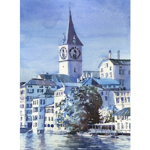Zurich Switzerland Original Watercolor Painting– Swiss Church Landscape Art Religious Architecture Travel Decor Trendy Wall Art Europe city