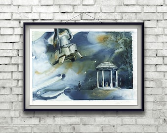 UNC Old Well Chapel Hill being attacked by robot foot- North Carolina. Watercolor painting UNC Well NC university robot attack funny (print)