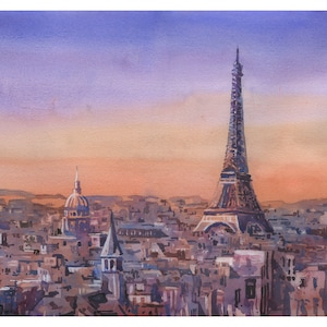 Watercolor painting Paris, France skyline at sunset Eiffel Tower artwork travel essentials art for house handmade item home decor (print)