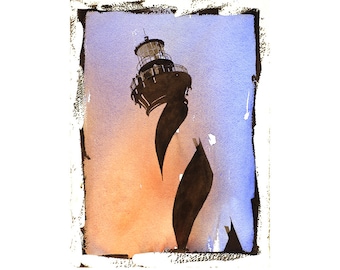 Cape Hatteras Lighthouse Print, Outer Banks NC Watercolor Art, OBX Coastal Wall Decor, North Carolina Seascape Painting, Nautical Fine Art