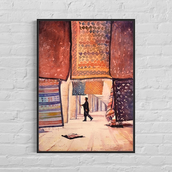 Tunisian man dusting off Persian rugs at shop in Saharan oasis town of Tozeur- Tunisia.  Art Tunisia watercolor painting carpet wall (print)