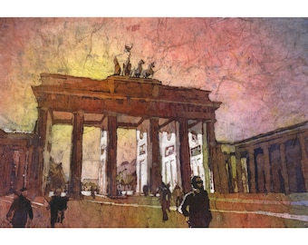 Puede incluir: Pintura a la acuarela de la Puerta de Brandeburgo en Berlín, Alemania. La obra de arte representa el icónico monumento neoclásico con sus columnas y la estatua de la Cuadriga. El cielo transita del rosa al amarillo, con figuras silueteadas en primer plano.