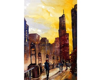 Chicago Skyline Watercolor Art Print – Downtown Cityscape Painting