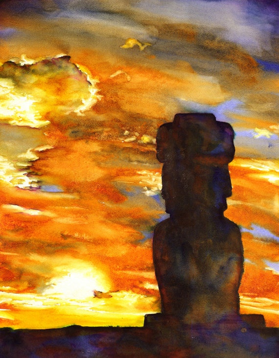 イースター島のモアイ像 - 夕焼けの水彩画、チリの風景画、シルエット