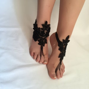 Black Barefoot Sandals, Bridal Sequined Shoes, Black Lace weeding shoe,  Beach Wedding Shoe, Bridal Foot Jewelry, Embroidered Bridal Sandals