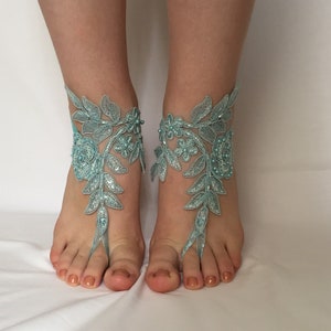 Bridal Barefoot Sandal, Blue Lace Barefoot Sandals, Wedding photo prop shoes, Beach wedding Sandals, Bridal foot accessories, Wedding shoes image 1