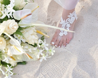 Ivory Bridal Barefoot Sandals, Beach Wedding Foot Lace Jewelry