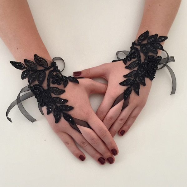 Wedding Black Lace Gloves, Halloween Black Mitten, Sequined Bridal Black Glove, Beach Wedding Fingerless Glove, Bridal Steampunk Black Glove