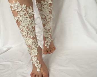 Ivory Bridal Barefoot Sandals, Sequin Wedding Foot Lace Jewelry