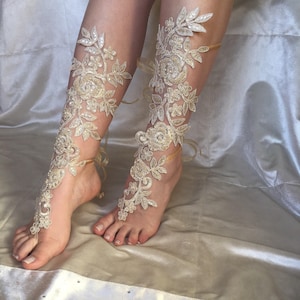 Champagne Long Barefoot Sandals, Lace Wedding Shoes, Beach Wedding Sandals,  Gold Champagne Shoes, Bridal Foot Jewelry, Lace Wedding Shoes