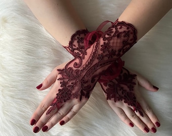 Wedding Burgundy Gloves, Burgundy Sequin Bridal Gloves, Evening Hand Accessories, Beach Wedding Fingerless Gloves, Wedding Photo Props