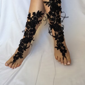 Bridal black barefoot sandals, black long barefoot, wedding black shoes, wedding black barefoot, Black lace barefoot, beach wedding party