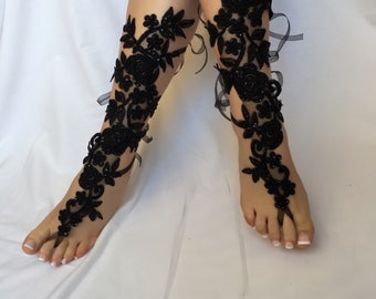 Bridal black barefoot sandals, black long barefoot, wedding black shoes, wedding black barefoot, Black lace barefoot, beach wedding party